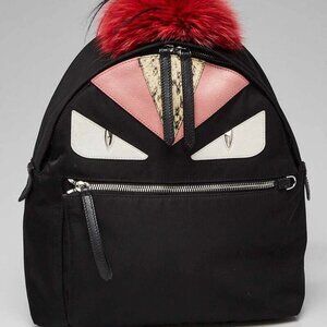 Fendi Black Nylon/Leather/Snakeskin Medium Monster Eyes Backpack Bag - 8BZ035